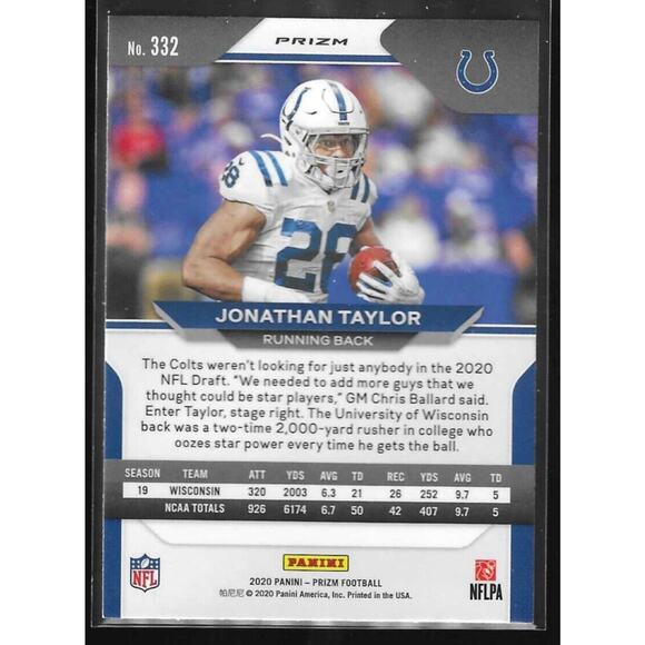 Jonathan Taylor 2020 Panini Prizm Orange Lazer Prizms Rookie RC #332 Colts - Picture 2 of 2